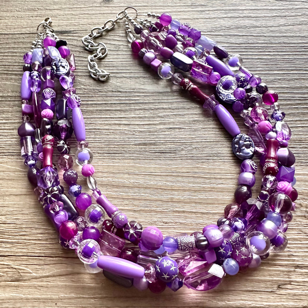 Girls Trip Necklace, Beaded 5 Layer Necklace, bead statement necklace, lavender purple royal eggplant beaded bib chunky