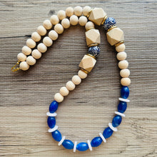 Load image into Gallery viewer, Ginger Jar Chunky Long Statement Necklace, chinoiserie silver wood necklace, beaded long necklace, blue beaded statement jewelry