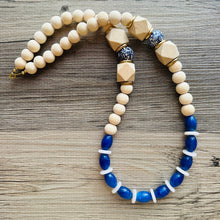 Load image into Gallery viewer, Ginger Jar Chunky Long Statement Necklace, chinoiserie silver wood necklace, beaded long necklace, blue beaded statement jewelry