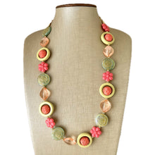 Load image into Gallery viewer, Mountain Trail Spring Chunky Statement Long Necklace, blush pink coral green beaded, colorful jewelry multi strand, bib collar flower