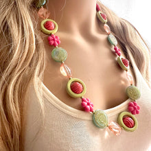 Load image into Gallery viewer, Mountain Trail Spring Chunky Statement Long Necklace, blush pink coral green beaded, colorful jewelry multi strand, bib collar flower