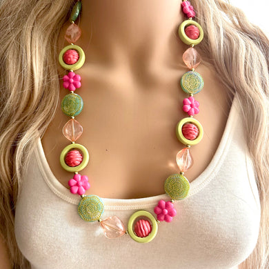 Mountain Trail Spring Chunky Statement Long Necklace, blush pink coral green beaded, colorful jewelry multi strand, bib collar flower
