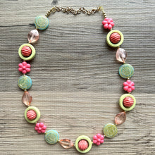 Load image into Gallery viewer, Mountain Trail Spring Chunky Statement Long Necklace, blush pink coral green beaded, colorful jewelry multi strand, bib collar flower