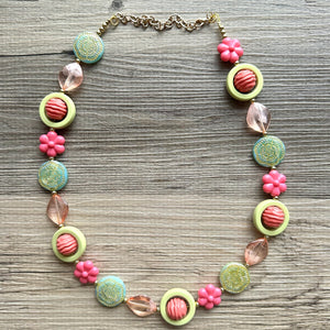 Mountain Trail Spring Chunky Statement Long Necklace, blush pink coral green beaded, colorful jewelry multi strand, bib collar flower