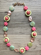 Load image into Gallery viewer, Mountain Trail Spring Chunky Statement Long Necklace, blush pink coral green beaded, colorful jewelry multi strand, bib collar flower