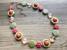 Load image into Gallery viewer, Mountain Trail Spring Chunky Statement Long Necklace, blush pink coral green beaded, colorful jewelry multi strand, bib collar flower