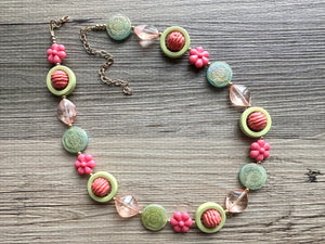 Mountain Trail Spring Chunky Statement Long Necklace, blush pink coral green beaded, colorful jewelry multi strand, bib collar flower