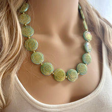 Load image into Gallery viewer, Flower Moon Chunky Statement Necklace, Big beaded jewelry, Single Strand green color changing light green, gold chunky layering necklace