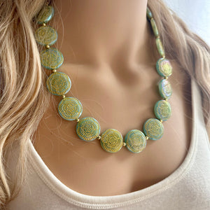 Flower Moon Chunky Statement Necklace, Big beaded jewelry, Single Strand green color changing light green, gold chunky layering necklace