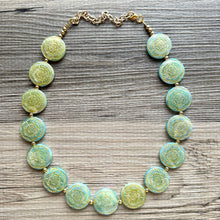 Load image into Gallery viewer, Flower Moon Chunky Statement Necklace, Big beaded jewelry, Single Strand green color changing light green, gold chunky layering necklace