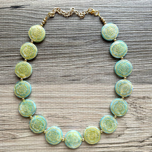 Flower Moon Chunky Statement Necklace, Big beaded jewelry, Single Strand green color changing light green, gold chunky layering necklace