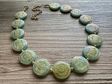 Load image into Gallery viewer, Flower Moon Chunky Statement Necklace, Big beaded jewelry, Single Strand green color changing light green, gold chunky layering necklace