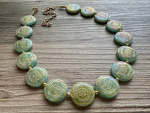 Flower Moon Chunky Statement Necklace, Big beaded jewelry, Single Strand green color changing light green, gold chunky layering necklace