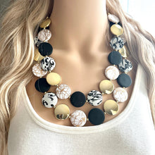 Load image into Gallery viewer, Black &amp; Gold Necklace, Double strand gold jewelry, big beaded chunky statement necklace, black earrings gold mirror resin white floral