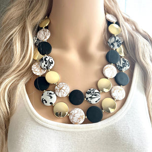 Black & Gold Necklace, Double strand gold jewelry, big beaded chunky statement necklace, black earrings gold mirror resin white floral