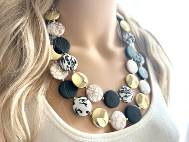 Black & Gold Necklace, Double strand gold jewelry, big beaded chunky statement necklace, black earrings gold mirror resin white floral