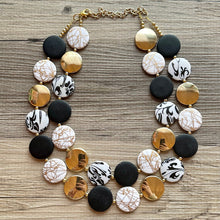 Load image into Gallery viewer, Black &amp; Gold Necklace, Double strand gold jewelry, big beaded chunky statement necklace, black earrings gold mirror resin white floral