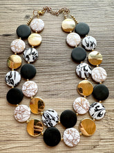 Load image into Gallery viewer, Black &amp; Gold Necklace, Double strand gold jewelry, big beaded chunky statement necklace, black earrings gold mirror resin white floral