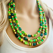 Load image into Gallery viewer, Saint Patricks Green Chunky Statement Necklace &amp; Stretch Bracelet set 3 Strand Beaded Kelly green jewelry bridesmaid earrings gold st pattys