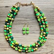 Load image into Gallery viewer, Saint Patricks Green Chunky Statement Necklace &amp; Stretch Bracelet set 3 Strand Beaded Kelly green jewelry bridesmaid earrings gold st pattys