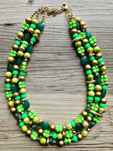 Load image into Gallery viewer, Saint Patricks Green Chunky Statement Necklace &amp; Stretch Bracelet set 3 Strand Beaded Kelly green jewelry bridesmaid earrings gold st pattys