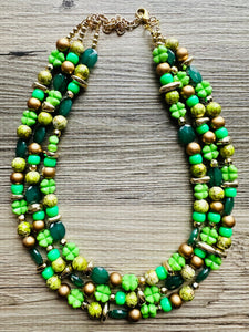 Saint Patricks Green Chunky Statement Necklace & Stretch Bracelet set 3 Strand Beaded Kelly green jewelry bridesmaid earrings gold st pattys