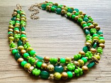 Load image into Gallery viewer, Saint Patricks Green Chunky Statement Necklace &amp; Stretch Bracelet set 3 Strand Beaded Kelly green jewelry bridesmaid earrings gold st pattys