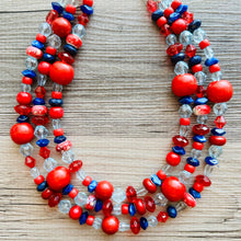 Load image into Gallery viewer, Blue &amp; Red Chunky Statement Necklace, Americana necklace, beaded necklace, Rhinestone thick statement jewelry royal bright shiny Texas