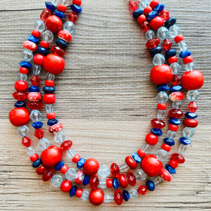 Blue & Red Chunky Statement Necklace, Americana necklace, beaded necklace, Rhinestone thick statement jewelry royal bright shiny Texas