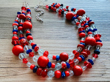 Load image into Gallery viewer, Blue &amp; Red Chunky Statement Necklace, Americana necklace, beaded necklace, Rhinestone thick statement jewelry royal bright shiny Texas