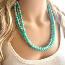 Load image into Gallery viewer, Genuine Green Amazonite Statement Necklace, Chunky 4 Strand Jewelry, silver necklace, thick collar beaded bib glass metal aqua mint gemstone