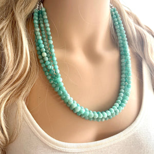 Genuine Green Amazonite Statement Necklace, Chunky 4 Strand Jewelry, silver necklace, thick collar beaded bib glass metal aqua mint gemstone