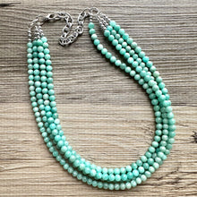 Load image into Gallery viewer, Genuine Green Amazonite Statement Necklace, Chunky 4 Strand Jewelry, silver necklace, thick collar beaded bib glass metal aqua mint gemstone