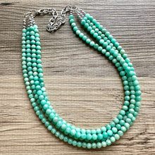 Load image into Gallery viewer, Genuine Green Amazonite Statement Necklace, Chunky 4 Strand Jewelry, silver necklace, thick collar beaded bib glass metal aqua mint gemstone