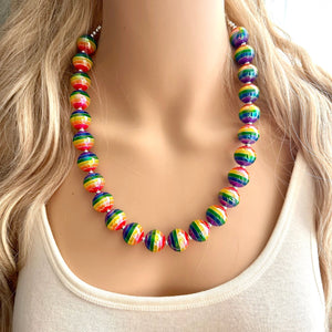 Rainbow of Life Beaded Necklace, Colorful Jewelry, Chunky statement necklace, big beaded necklace, circle jewelry, gay pride striped resin