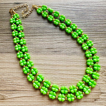 Load image into Gallery viewer, Saint Patricks Green Chunky Statement Necklace &amp; Stretch Bracelet set 2 Strand Beaded Kelly green jewelry bridesmaid earrings gold st pattys