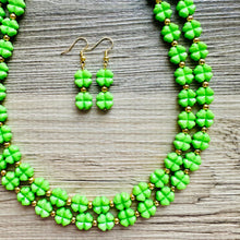 Load image into Gallery viewer, Saint Patricks Green Chunky Statement Necklace &amp; Stretch Bracelet set 2 Strand Beaded Kelly green jewelry bridesmaid earrings gold st pattys