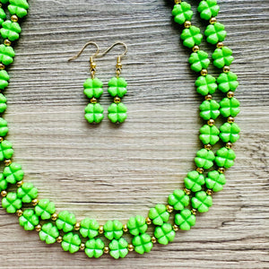 Saint Patricks Green Chunky Statement Necklace & Stretch Bracelet set 2 Strand Beaded Kelly green jewelry bridesmaid earrings gold st pattys