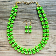 Load image into Gallery viewer, Saint Patricks Green Chunky Statement Necklace &amp; Stretch Bracelet set 2 Strand Beaded Kelly green jewelry bridesmaid earrings gold st pattys