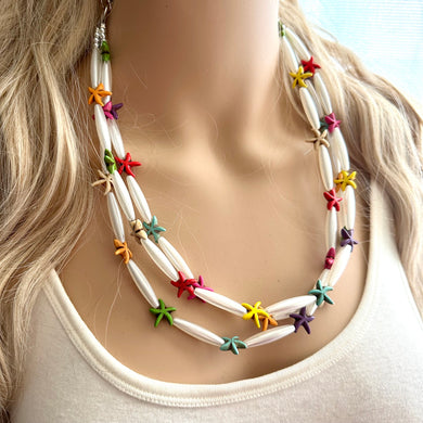 Starfish Party Statement Necklace, chunky beaded jewelry, rainbow necklace, beaded jewelry, vacation necklace island tropical pearl