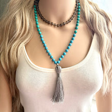 Load image into Gallery viewer, Shades of Blue Long Statement Necklace, long tassel silver necklace, beaded long necklace, smoke gray turquoise royal aqua