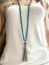 Load image into Gallery viewer, Shades of Blue Long Statement Necklace, long tassel silver necklace, beaded long necklace, smoke gray turquoise royal aqua