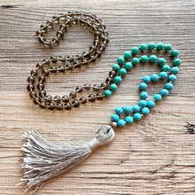 Load image into Gallery viewer, Shades of Blue Long Statement Necklace, long tassel silver necklace, beaded long necklace, smoke gray turquoise royal aqua