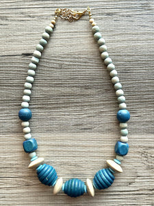 Vintage blue neutral long Necklace, beaded wood glass jewelry, colorful necklace jewelry turquoise brown gold wood layering navy