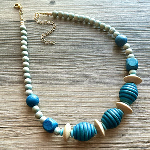 Vintage blue neutral long Necklace, beaded wood glass jewelry, colorful necklace jewelry turquoise brown gold wood layering navy