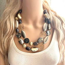 Load image into Gallery viewer, Black &amp; Metallic Necklace, multi strand neutral jewelry, chunky statement necklace, rustic silver gold beaded layering