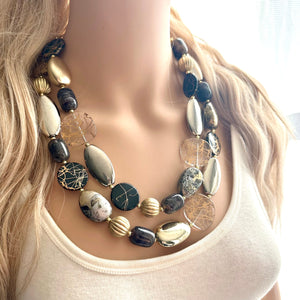 Black & Metallic Necklace, multi strand neutral jewelry, chunky statement necklace, rustic silver gold beaded layering