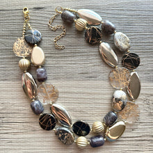 Load image into Gallery viewer, Black &amp; Metallic Necklace, multi strand neutral jewelry, chunky statement necklace, rustic silver gold beaded layering