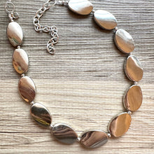 Load image into Gallery viewer, Mirror Silver Single strand jewelry, bib beaded chunky statement necklace, bridesmaid metallic silver geometric gray oval earrings set
