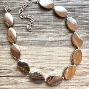 Mirror Silver Single strand jewelry, bib beaded chunky statement necklace, bridesmaid metallic silver geometric gray oval earrings set